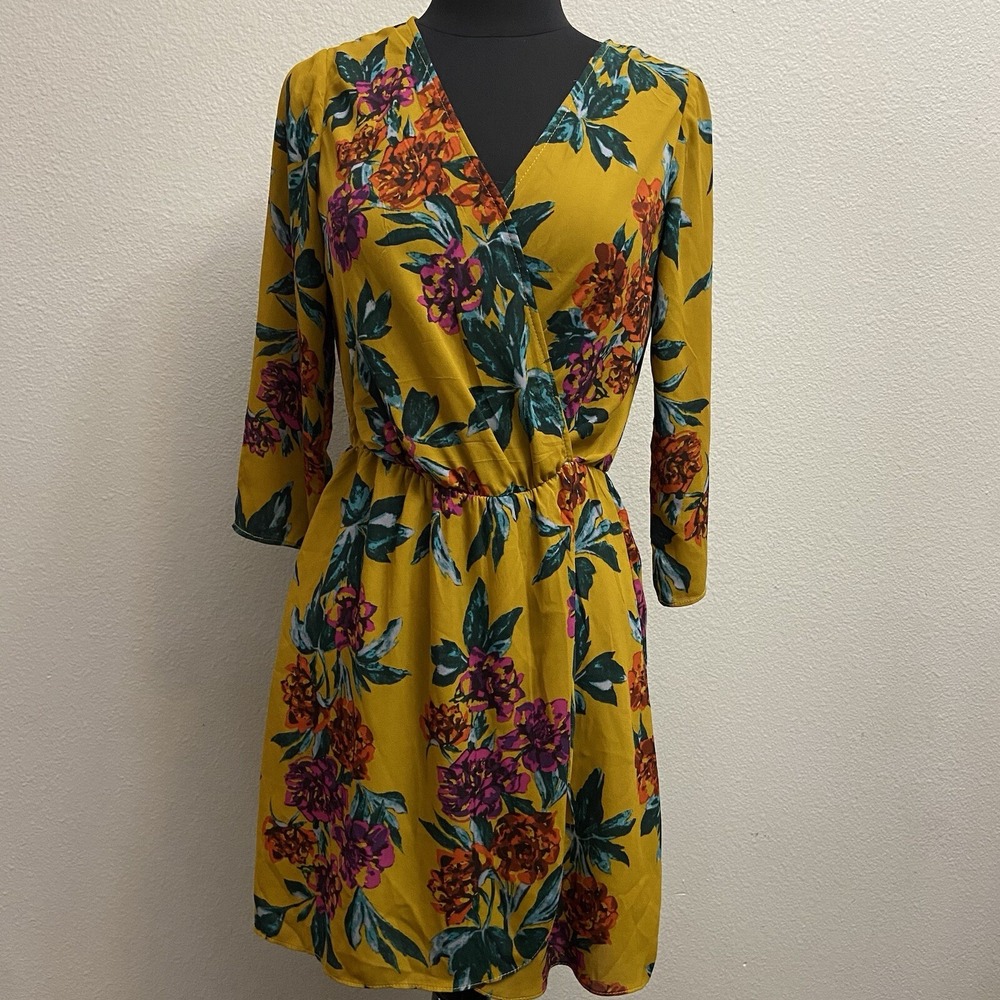 Akira Chicago Black‎ Label Yellow Floral Faux Wrap Dress Medium